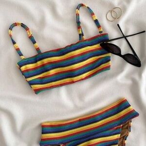 Montce Rainbow Stripe Bikini Top - Red Yellow Green Blue Purple